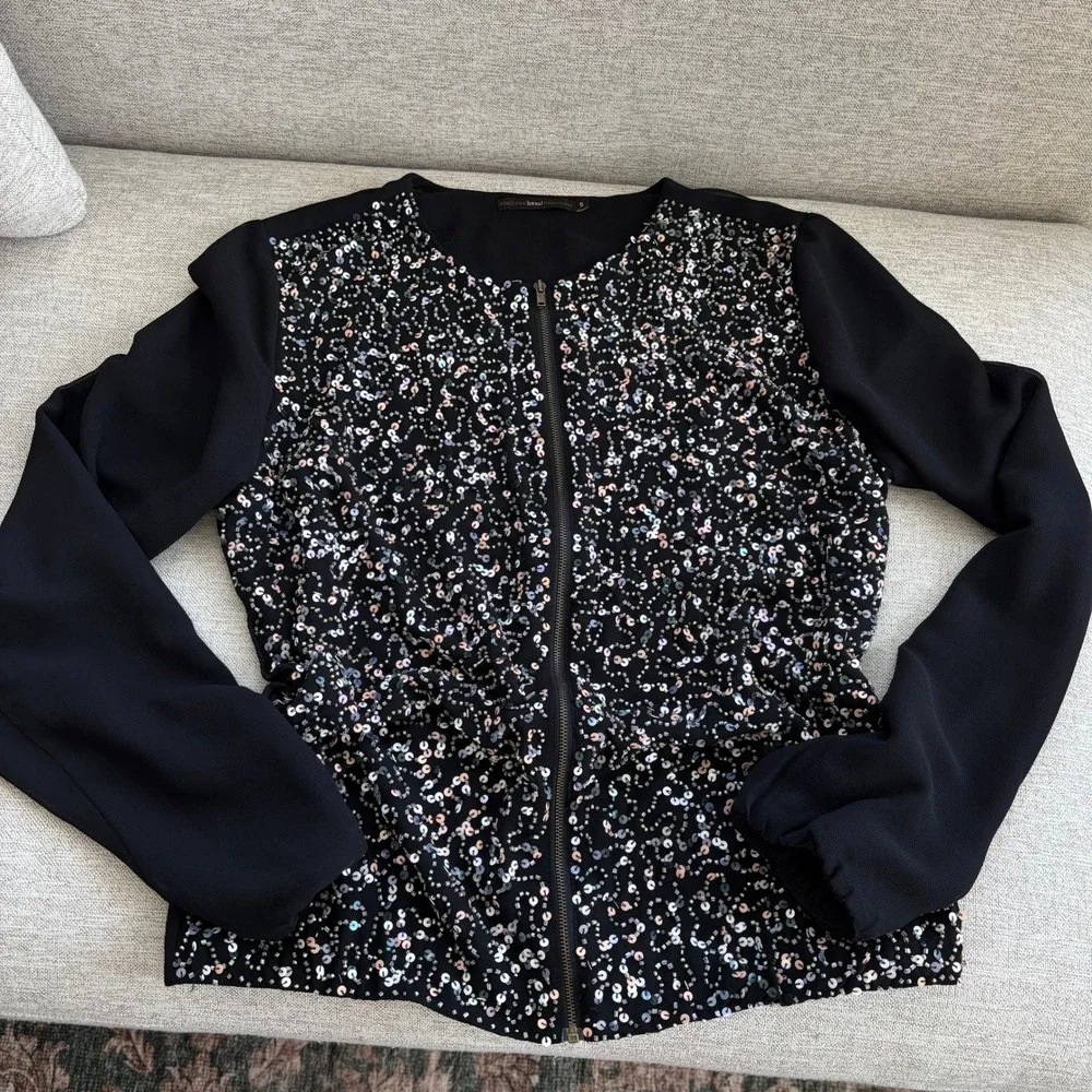 Anthropologie Hazel Sequin Zip Up Bomber Jacket S Beaded Iridescent Glam Party